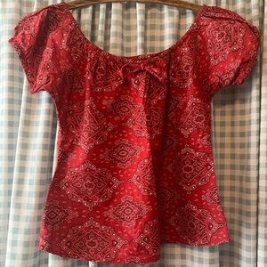 Y2K Passport Red and White Puff Sleeve Peasant Blouse with Tie Front